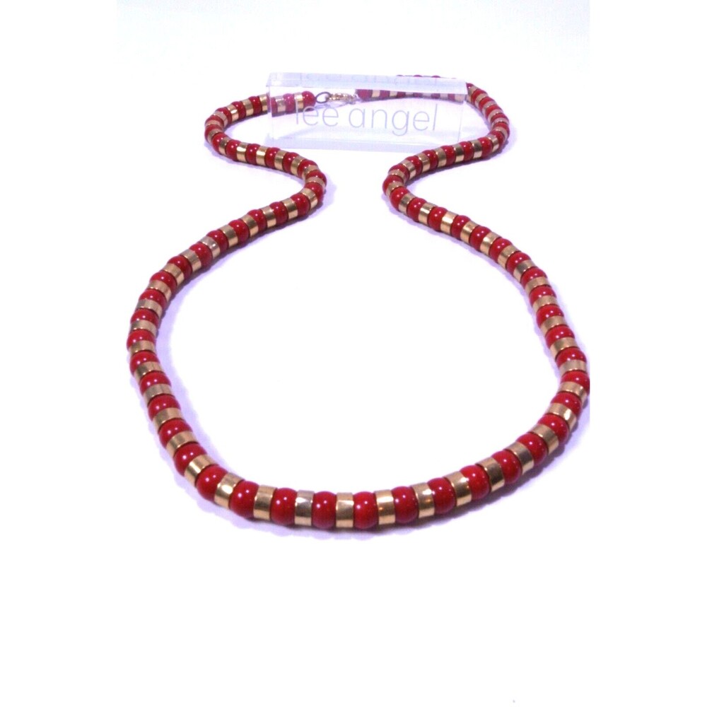 Lee Angel Women's Glass Bead RED Gold Bead Gold Spacer Long Necklace